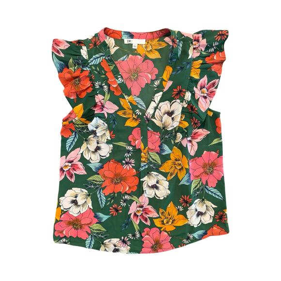 DR2 Green Floral Ruffle Sleeve Blouse Women’s Small V Neck Top Summer - Picture 3 of 10